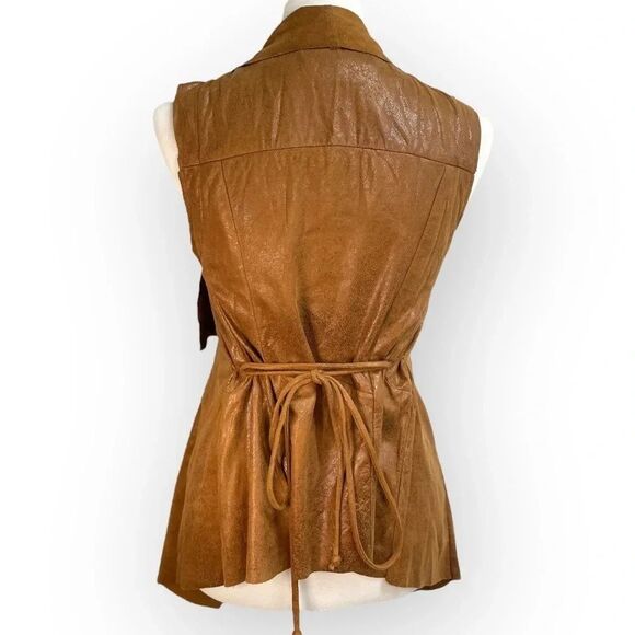 Comme USA Faux Suede Leather Vest, small. Belt tie wrap waterfall cowl brown tan - Picture 9 of 12